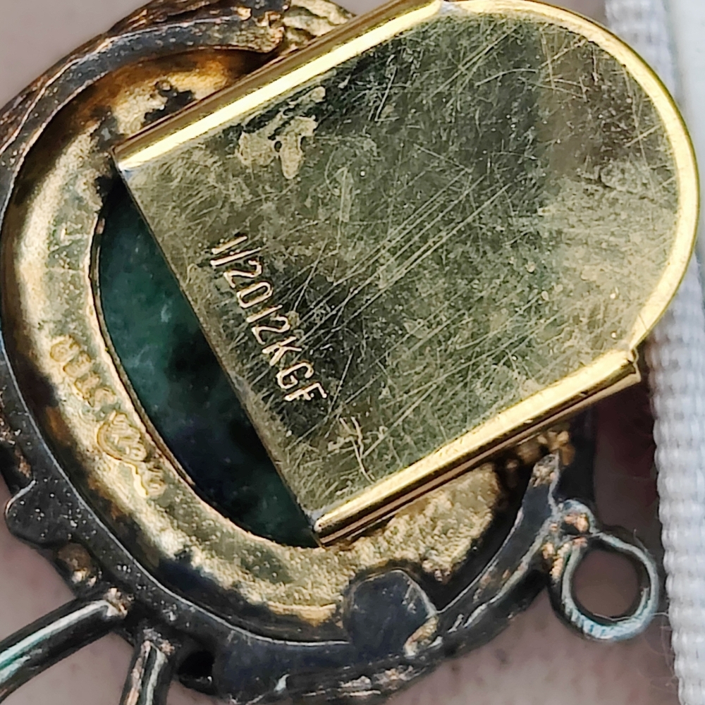 Antique 12K GF And Sterling Wells17 Jewels Chrysocolla Dial And Jade Watch - Picture 8 of 12